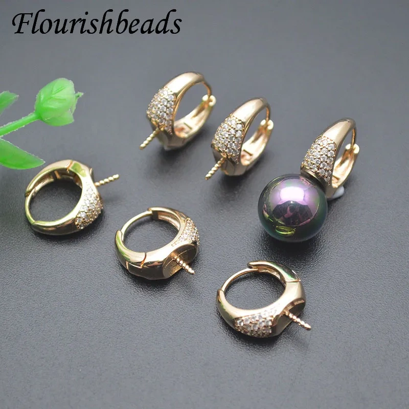 Gold Color CZ Paved Circle Shape Screw Pin Earring Hooks Fit 12mm Half Hole Beads DIY  Handmade Jewelry Making