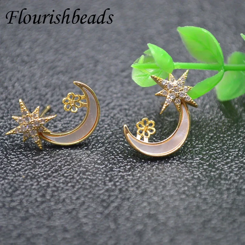 Nickel Free CZ Beads Paved Moon Earring Hooks Stud Posts For DIY Half Hole Beads Earring Jewelry Making Supplies