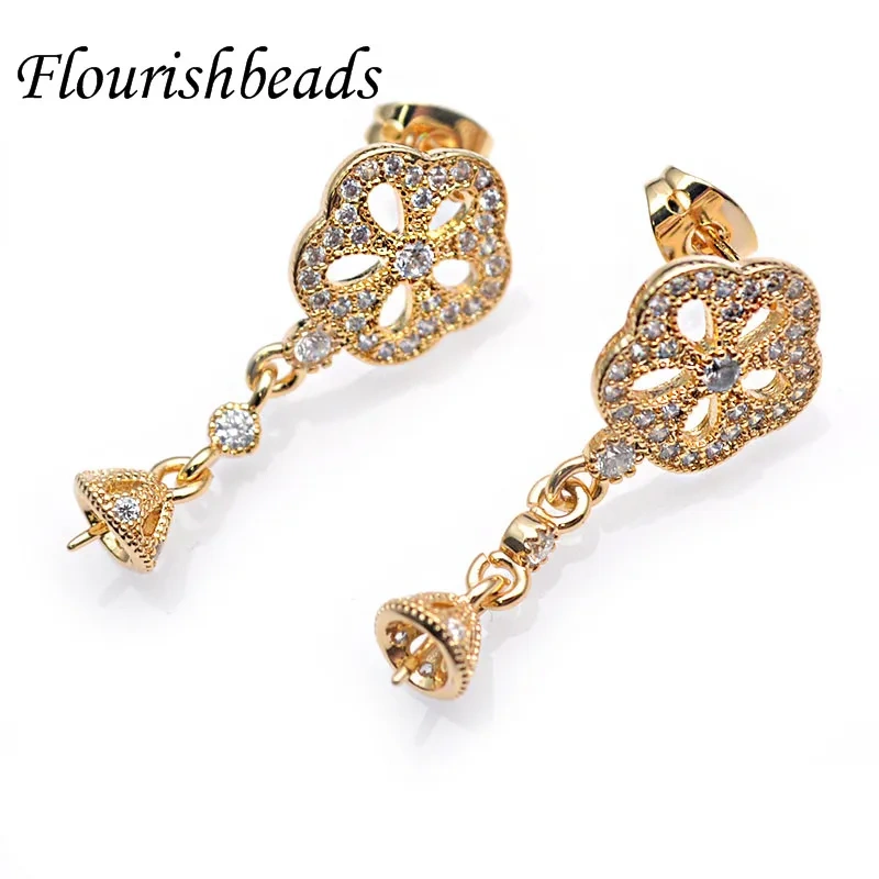 Nickel Free Gold Plating Flower Shape Earring Hooks CZ Beads Paved for Fashion Jewelry Making Accessories 20pcs Per Lot
