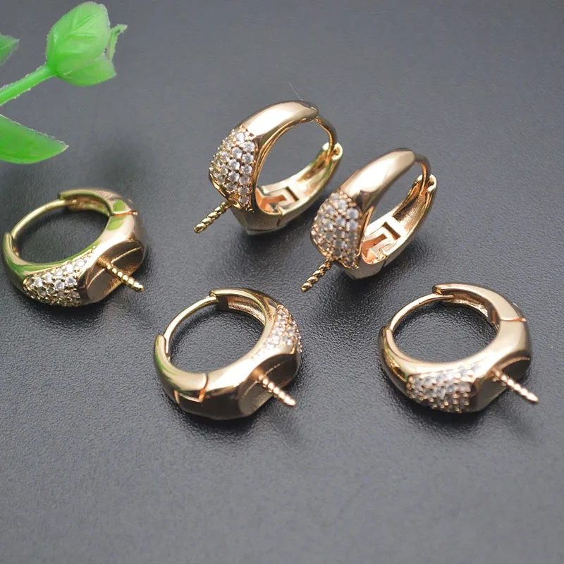 Gold Color CZ Paved Circle Shape Screw Pin Earring Hooks Fit 12mm Half Hole Beads DIY  Handmade Jewelry Making