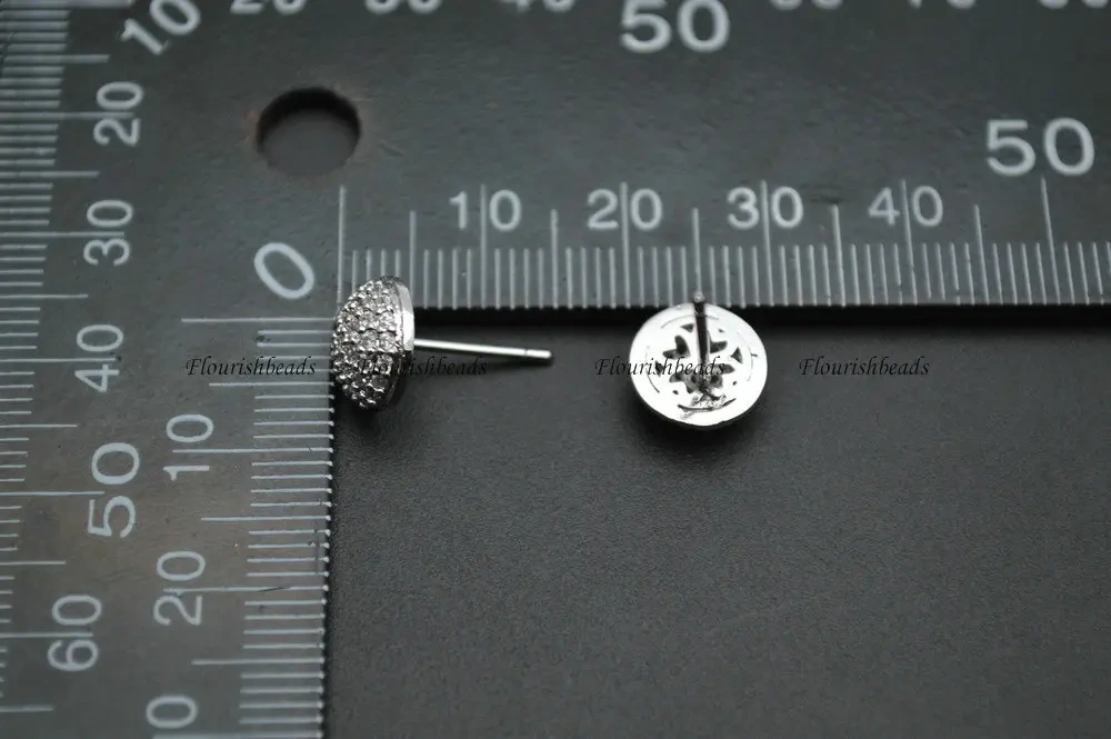 Paved White CZ Beads 7mm 9mm Metal Copper Round Shape Stud Earring Parts Jewelry Findings 10pr Per Lot