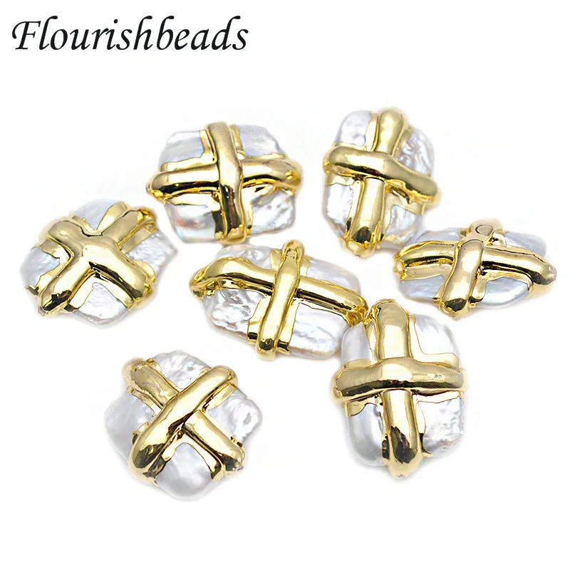 Natural White Pearl Anti-Fading Cross Shape Gold Plating Square Loose Beads Fit Necklace Making 10pc Per Lot
