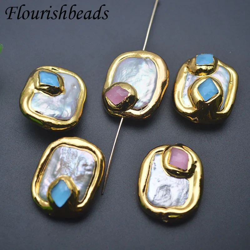 18K Gold Plated Natural Baroque Pearl Pavde Stone Flat Square Loose Spacer Beads DIY Fashion Necklace Accessories 10pcs/lot