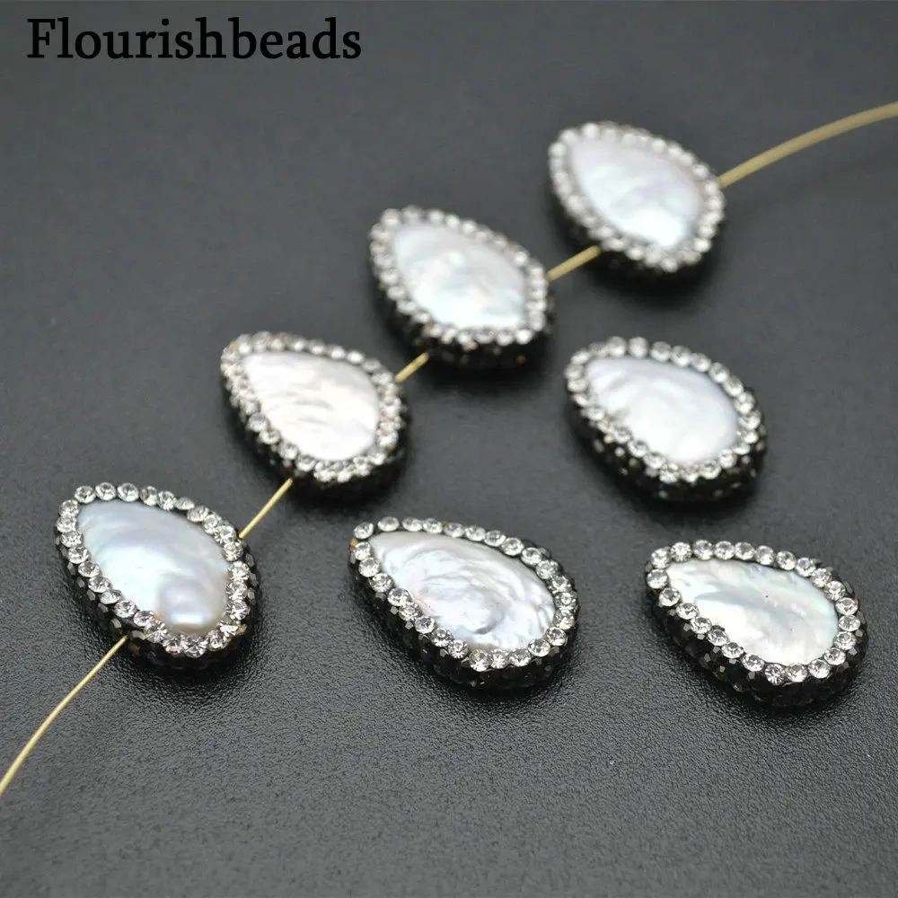 Hole on Side Natural Fresh Water Pearl Flat Drop Loose Beads Paved Black Crystals on Side for Jewelry Making