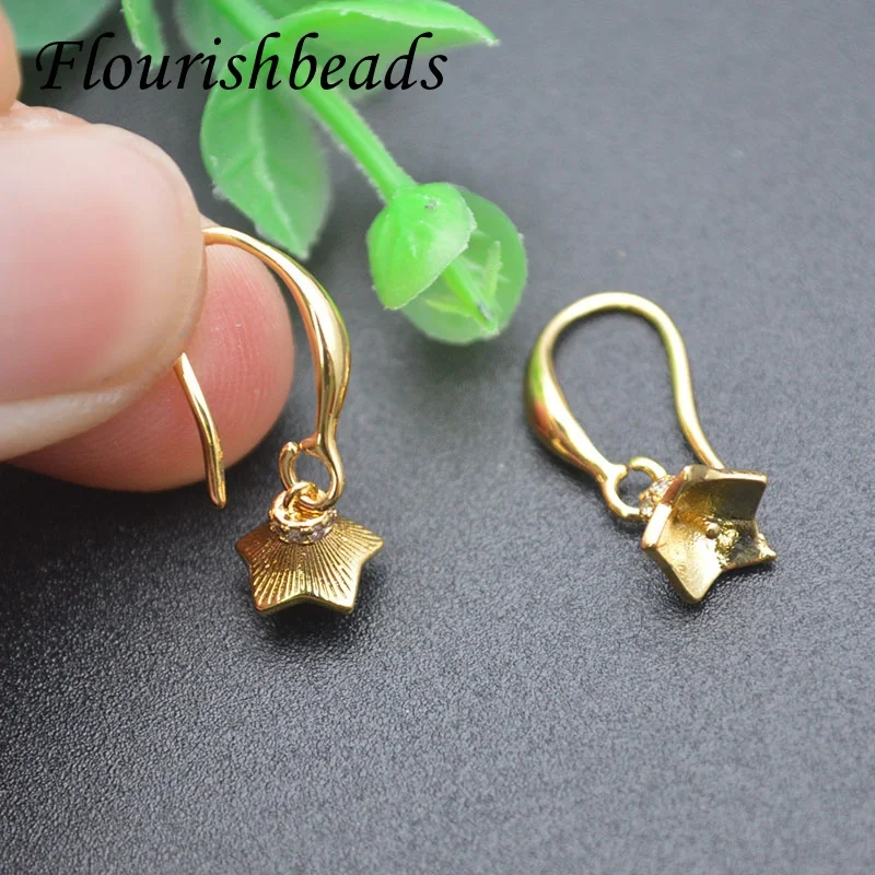 30pcs/lot  Real Gold Plating Fish Wire Earring Hooks CZ Paved Flower Pins Fit Half Hole Beads Dangle Earrings Making