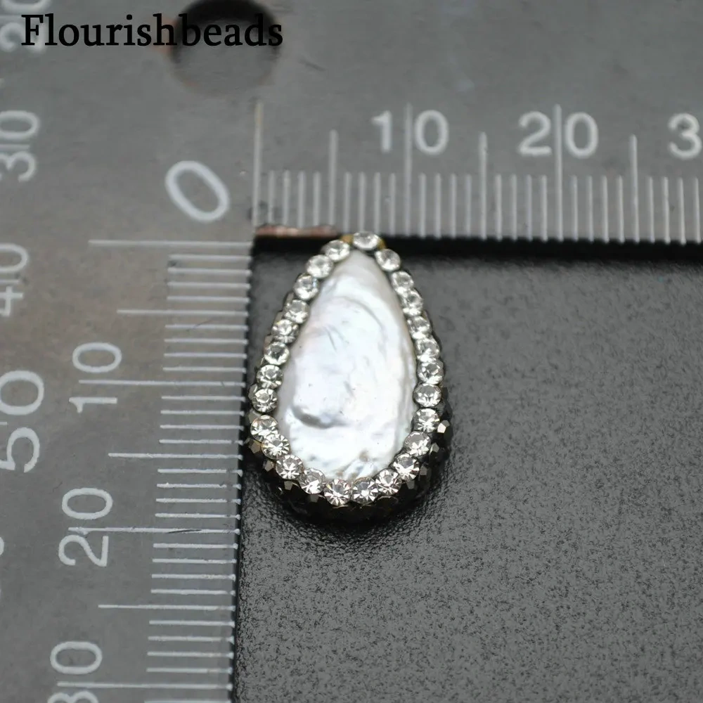 Hole on Side Natural Fresh Water Pearl Flat Drop Loose Beads Paved Black Crystals on Side for Jewelry Making