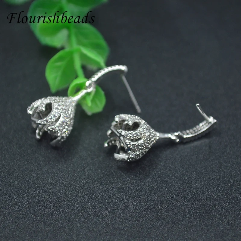 High Quality Gold Silver Color Flower Dangling Ear Hook Stud Earrings CZ Beads Paved Fashion Women Nickel Free Party Jewelry