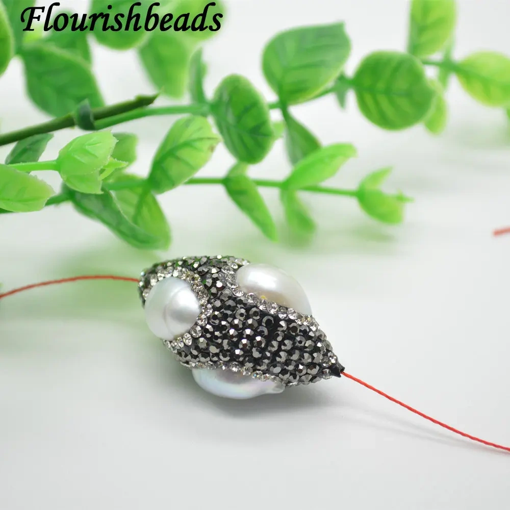 Paved Black Crystal and White Fresh Water Pearl Big size Oval Marquis Eye Shape Loose Beads 10pc per lot Jewelry making