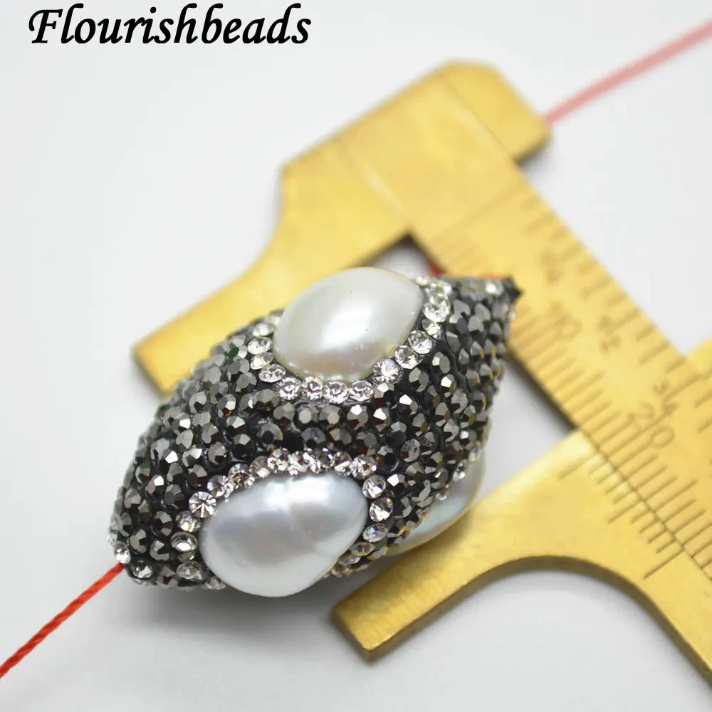 Paved Black Crystal and White Fresh Water Pearl Big size Oval Marquis Eye Shape Loose Beads 10pc per lot Jewelry making