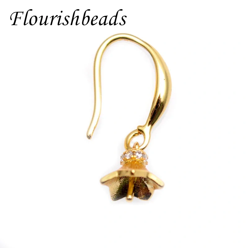 30pcs/lot  Real Gold Plating Fish Wire Earring Hooks CZ Paved Flower Pins Fit Half Hole Beads Dangle Earrings Making