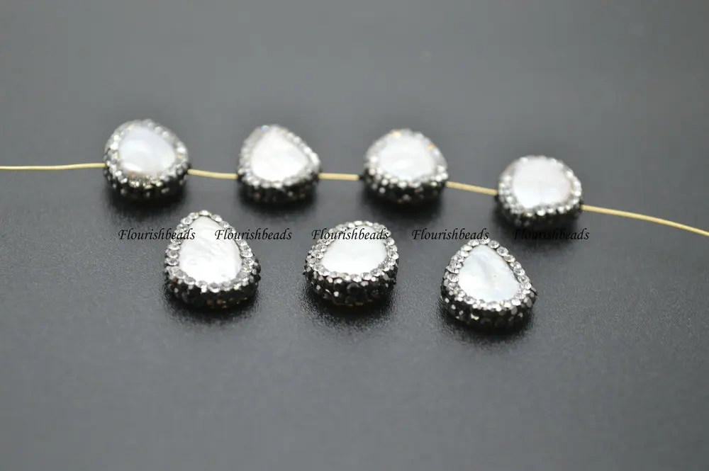 Hole on Side Natural Fresh Water Pearl Flat Drop Loose Beads Paved Black Crystals on Side for Jewelry Making