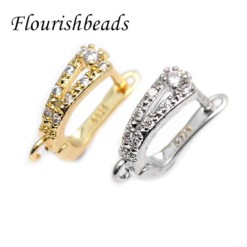 High Quality Paved Real Zircon Beads Brass Gold Plating  Arched Shape Earring Hoops Handmade Jewelry Making 30pcs/lot