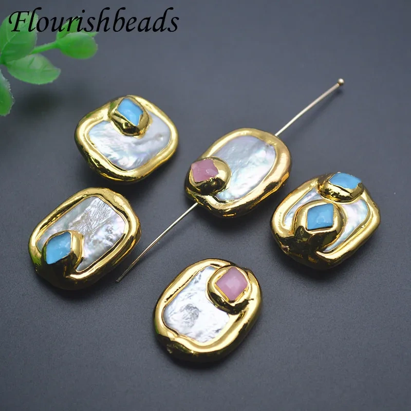 18K Gold Plated Natural Baroque Pearl Pavde Stone Flat Square Loose Spacer Beads DIY Fashion Necklace Accessories 10pcs/lot