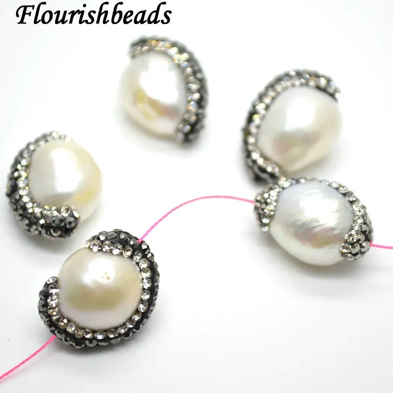 5pc Paved Black Crystal Natural White Pearl Oval Loose Beads DIY Fashion Jewelry making supplies