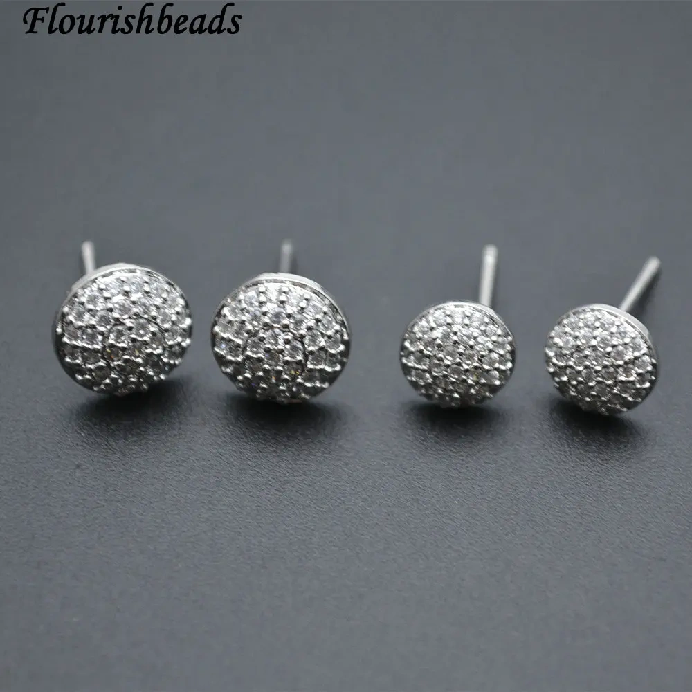 Paved White CZ Beads 7mm 9mm Metal Copper Round Shape Stud Earring Parts Jewelry Findings 10pr Per Lot