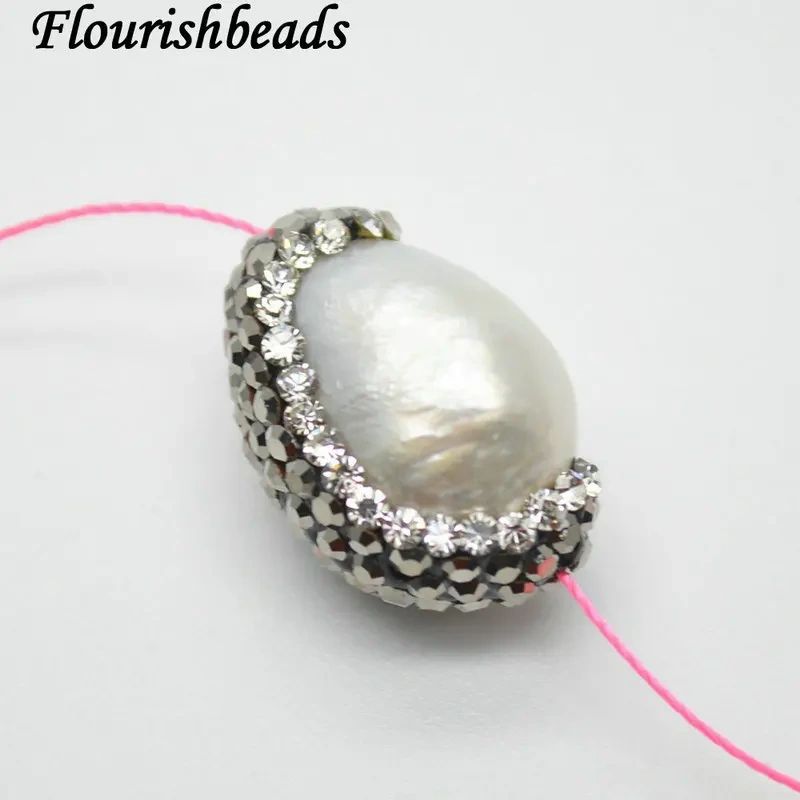 5pc Paved Black Crystal Natural White Pearl Oval Loose Beads DIY Fashion Jewelry making supplies