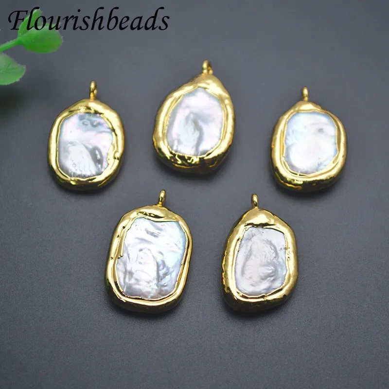 18k Gold Plated Irregular Flat Round Natural Baroque Pearl Pendant for DIY Bohemian Necklace Jewelry