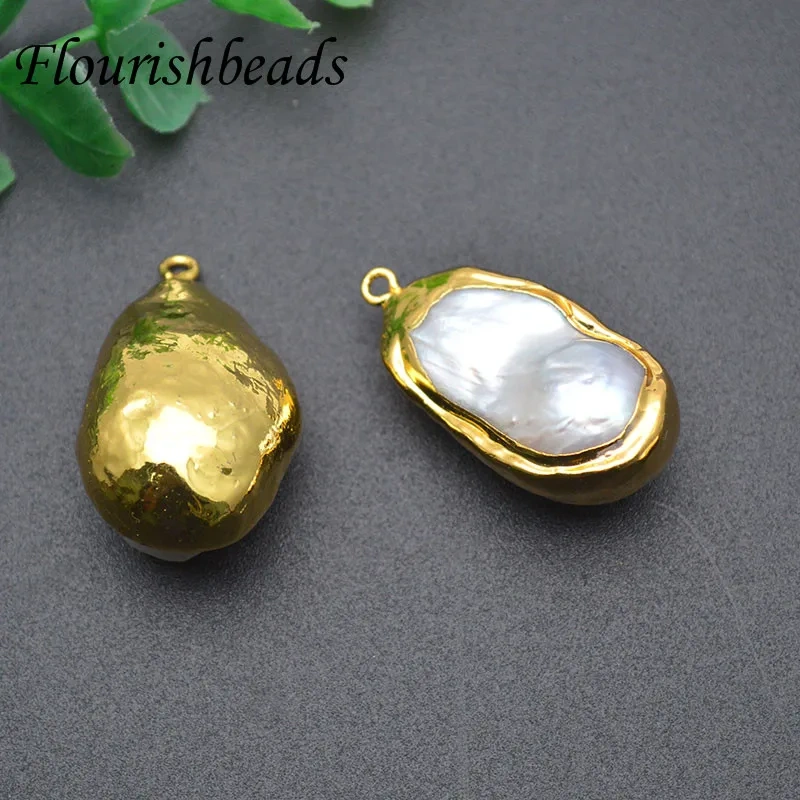 High Quanlity Fresh Water Pearl Baroque Beads Pendant Freefrom Flat Back Gold Plating on Surface for Necklace Jewelry Making