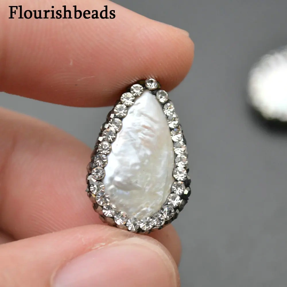 Hole on Side Natural Fresh Water Pearl Flat Drop Loose Beads Paved Black Crystals on Side for Jewelry Making