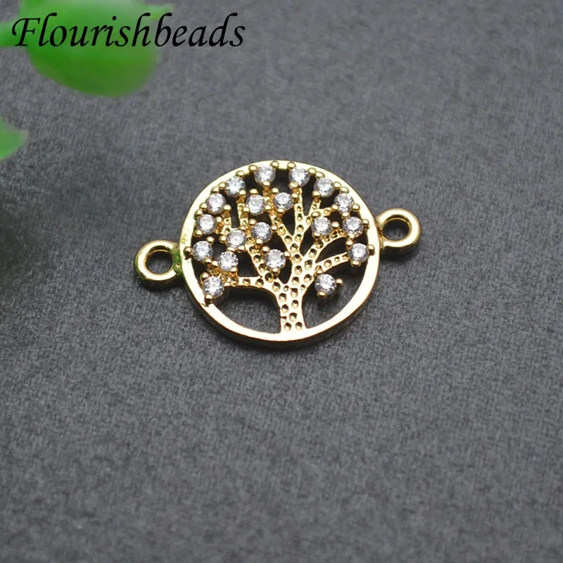 Metal Copper Real Gold Plated Paved CZ Beads Round Tree of Life Connector Handmade DIY Bracelet Jewelry Accessories