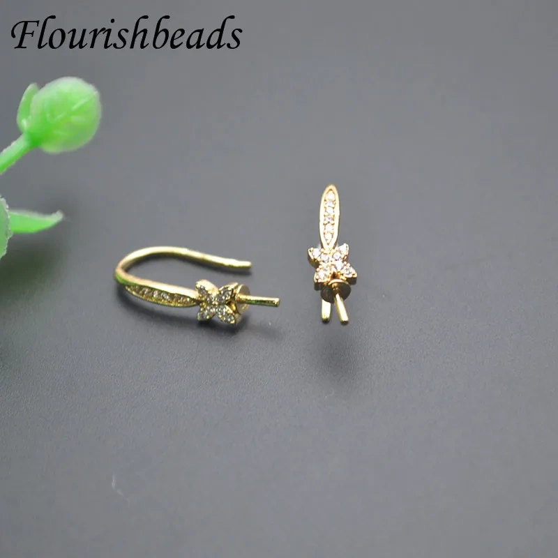 10x19mm Gold Color Paved CZ Beads Earring Findings Stud Earwire DIY Half Hole Pearl Earrings Jewelry Making Accessories 30pcs