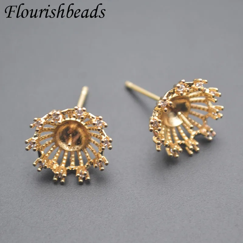 30pcs/lot 18k Real Gold Palted Flower Shape Earring Stud Pins Fit Half Hole Beads DIY Earring Jewelry Making Accessories