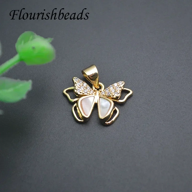 10pcs/lot Paved CZ Beads Gold Color Mother of Pearl MOP Peace Dove Butterfly Animal Pendant Charms for DIY Jewelry Necklace