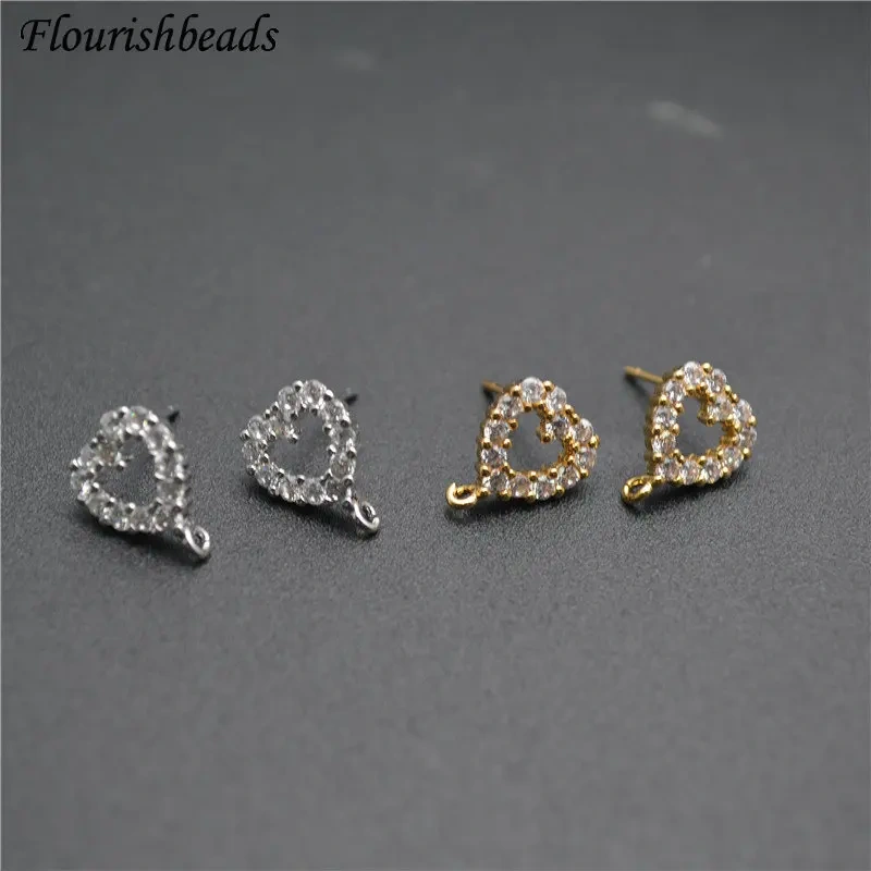 New Design CZ Zircon Beads Paved Heart Shape Metal Earrings Stud Brass Jewelry Findings Gold Color / Rhodium Silver Color 30pcs