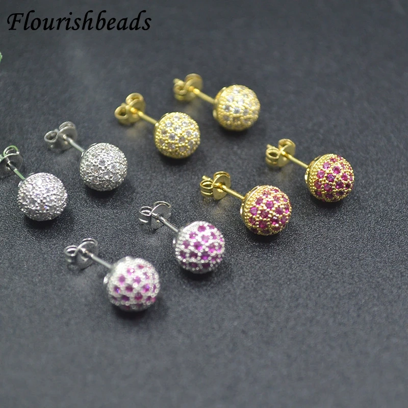 Luxury Metal Anti Fading Colored Zircon Round Ball Shape Stud Earring for Fashion Girl Jewelry 20pcs/lot