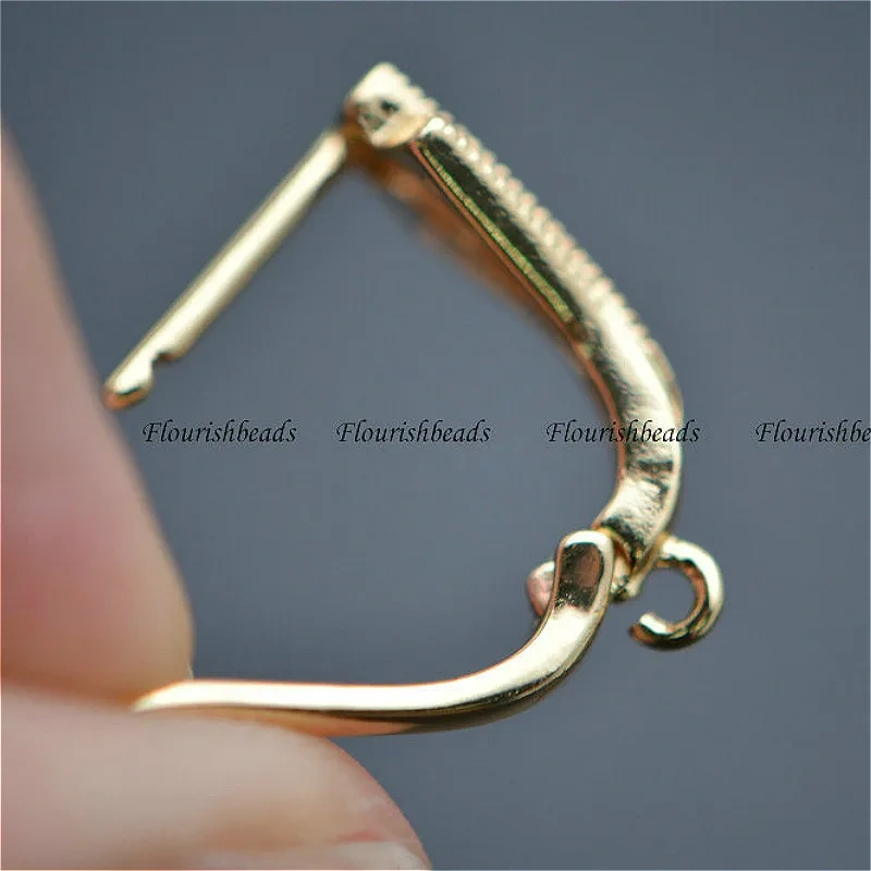 Anti-rust Gold color Paved CZ 15X20mm Triangle Shape Metal Copper Earring Hooks Jewelry findings 30pc per lot