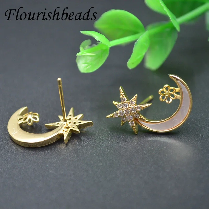 Nickel Free CZ Beads Paved Moon Earring Hooks Stud Posts For DIY Half Hole Beads Earring Jewelry Making Supplies