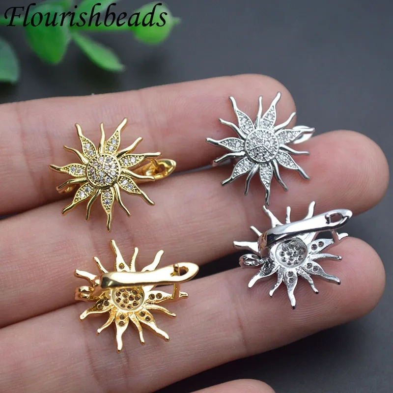 Metal Brass Real Gold Plated Sun Flower Shape 18k Earring Hooks Paved CZ Beads Earwire Fasteners Jewelry Findings
