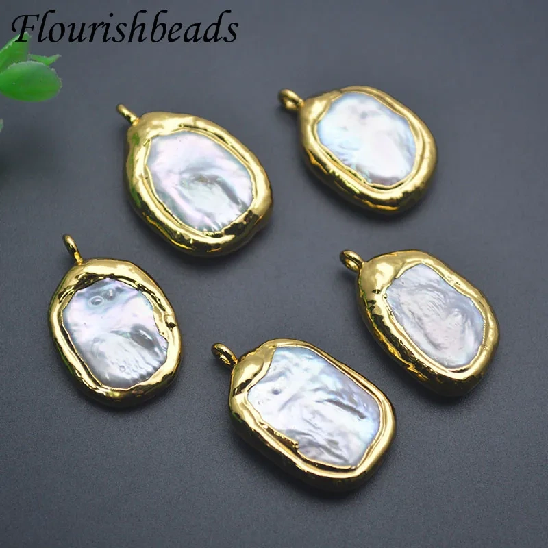 18k Gold Plated Irregular Flat Round Natural Baroque Pearl Pendant for DIY Bohemian Necklace Jewelry