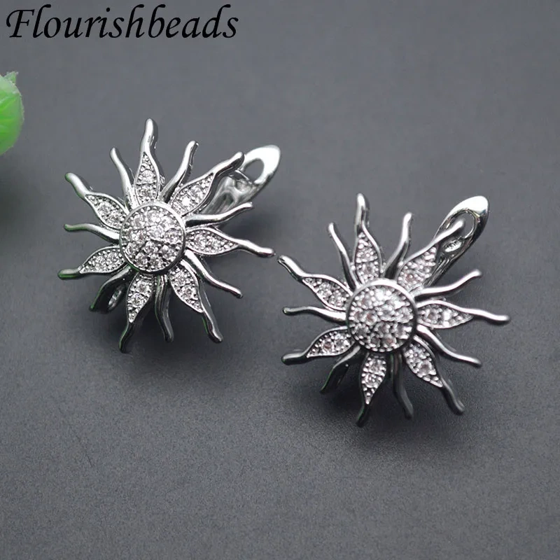 Metal Brass Real Gold Plated Sun Flower Shape 18k Earring Hooks Paved CZ Beads Earwire Fasteners Jewelry Findings