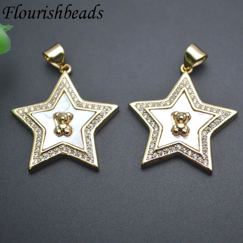 18k Gold Plated MOP Paved CZ Beads Star Shape Pendant Charms for DIY Fashion Necklace Jewelry Making 10pcs/loy