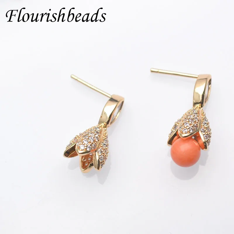 Luxurious Paved CZ Beads Double Flower Petal Leaf Tassel Earring Hooks Fit 6mm Gemstone Beads Jewelry Findings 10pc/lot