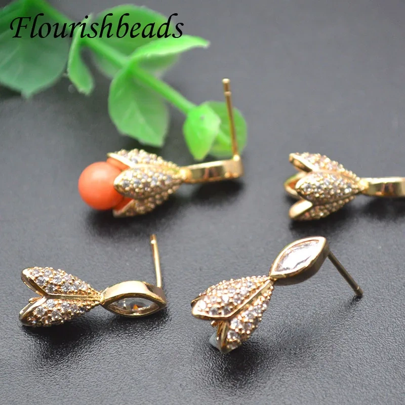 Luxurious Paved CZ Beads Double Flower Petal Leaf Tassel Earring Hooks Fit 6mm Gemstone Beads Jewelry Findings 10pc/lot