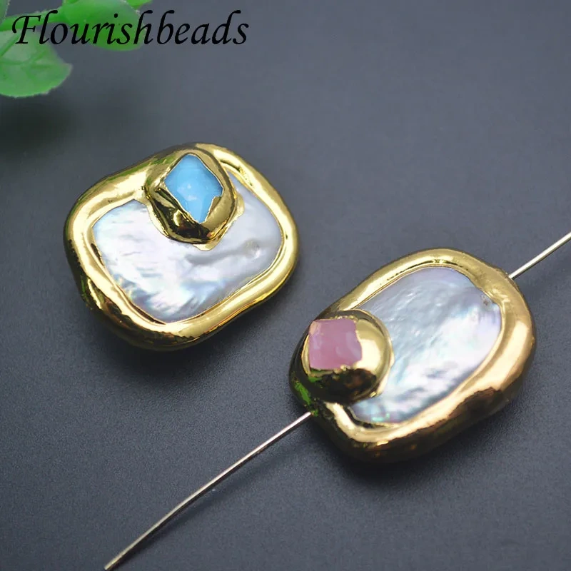 18K Gold Plated Natural Baroque Pearl Pavde Stone Flat Square Loose Spacer Beads DIY Fashion Necklace Accessories 10pcs/lot