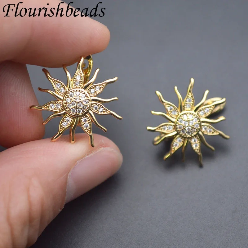 Metal Brass Real Gold Plated Sun Flower Shape 18k Earring Hooks Paved CZ Beads Earwire Fasteners Jewelry Findings