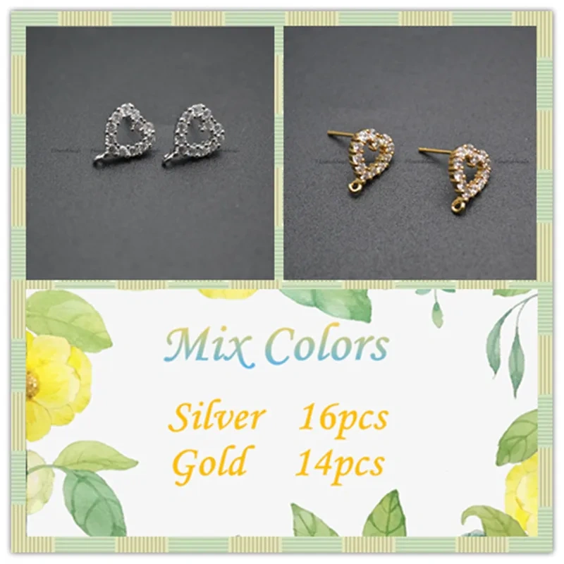 New Design CZ Zircon Beads Paved Heart Shape Metal Earrings Stud Brass Jewelry Findings Gold Color / Rhodium Silver Color 30pcs