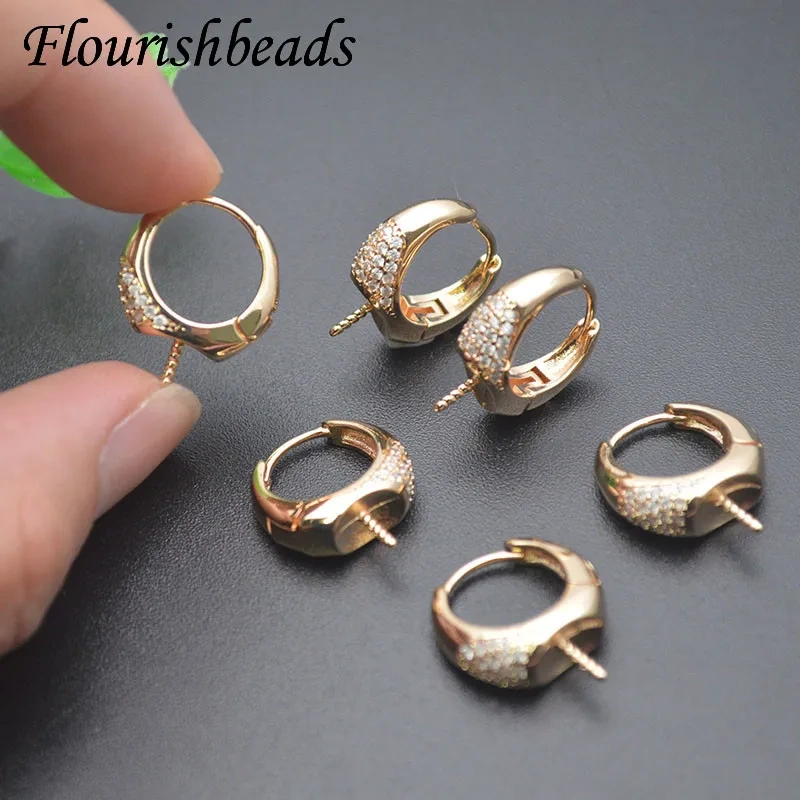 Gold Color CZ Paved Circle Shape Screw Pin Earring Hooks Fit 12mm Half Hole Beads DIY  Handmade Jewelry Making