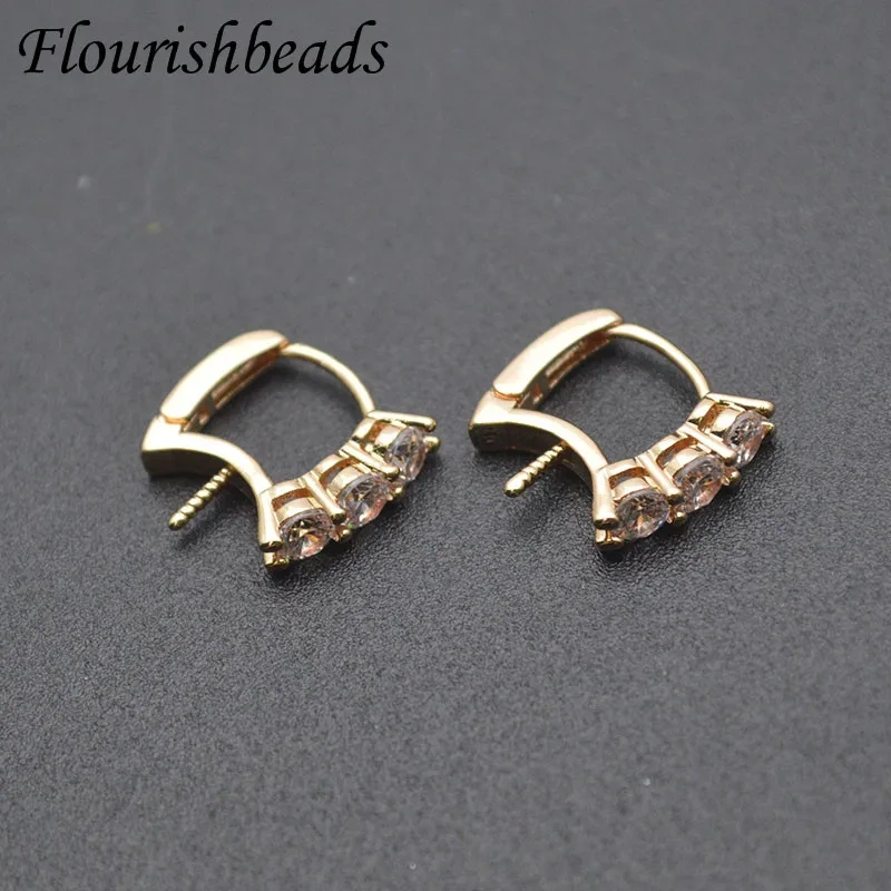Real Gold Plating CZ Beads Paved Spiral Pin Style Fit Half Hole Beads Earring Stud Hooks Clasp for Jewelry Making 30pcs/lot