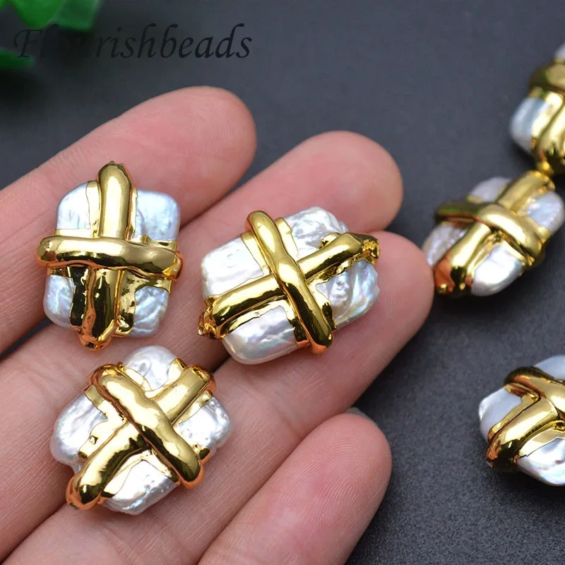 Anti-Fading Cross Shape Gold Plating  Natural White Pearl Square Loose Beads fit Necklace making