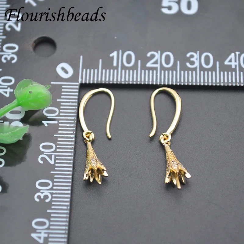 Copper Gold Plated Flower Shape Ear Wire Empty Bracket Paved Zirconia for DIY Pearl Dangle Earrings 30pcs/lot