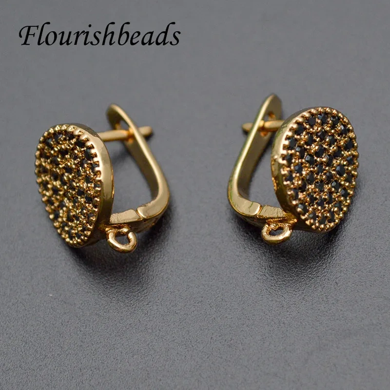 Nickle Free Black CZ Beads Paved  Gold Plating Round Coin Shape Earring Hooks for High Quality Jewelry Making Supplier