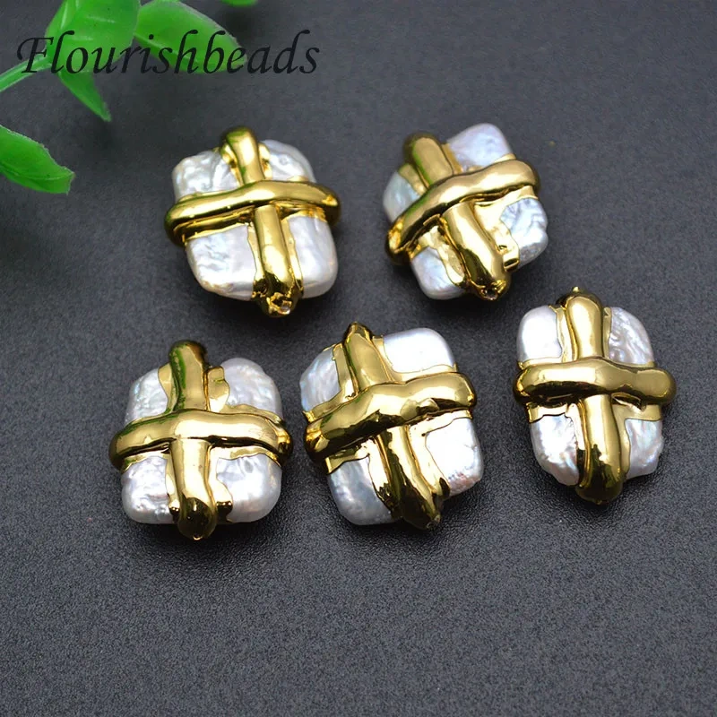 Anti-Fading Cross Shape Gold Plating  Natural White Pearl Square Loose Beads fit Necklace making