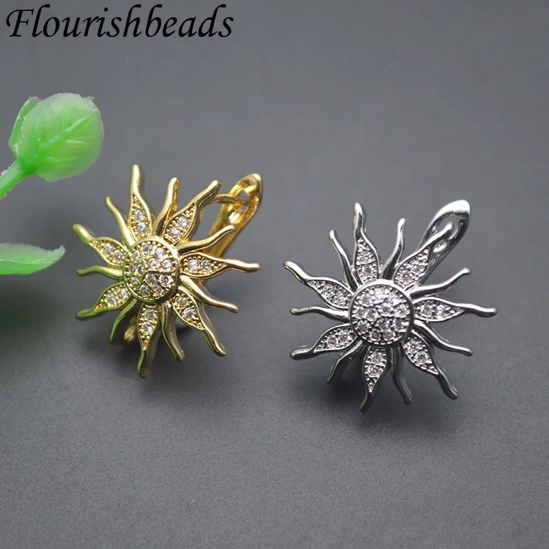 Metal Brass Real Gold Plated Sun Flower Shape 18k Earring Hooks Paved CZ Beads Earwire Fasteners Jewelry Findings