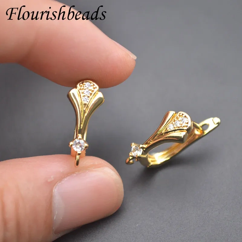 Real Gold Plated 18k Gold Leaf Shape Paved CZ Beads Earring Hooks Schwenzy Accessories for Women DIY Jewelry Making 30pcs/lot