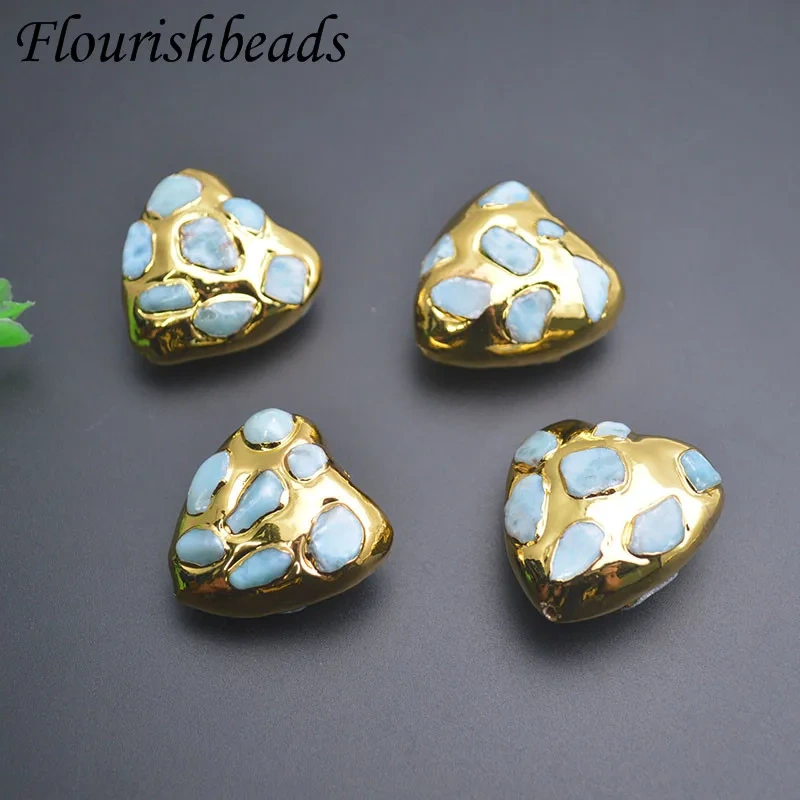 Vintage Gold Plated Stone Loose Beads Heart Shape Through Hole Bead for DIY Earrings Necklace Jewelry Making 5pcs/lot