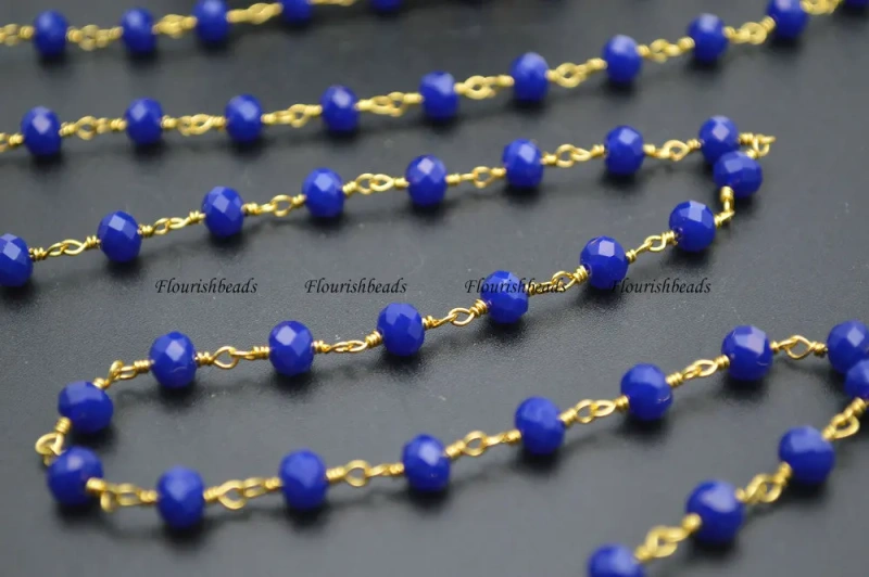10 Meters Anti-Rust Gold Color Wire Linked 2X4mm / 4x6mm Faceted Royal Blue Color Glass Rondelle Beads Necklace Chains